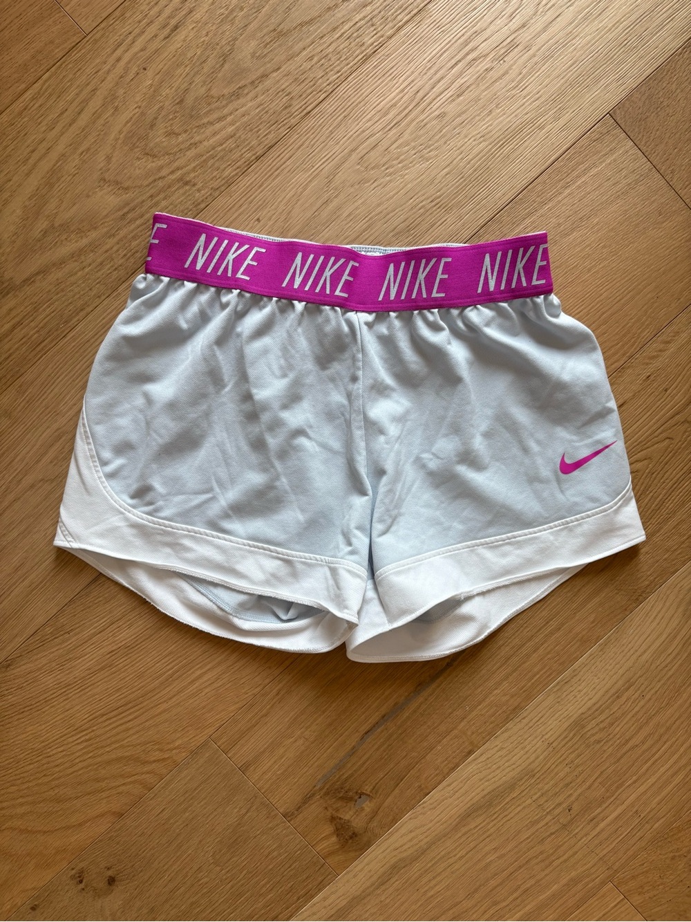 Nike Women's White Athletic Shorts with Pink Elastic Waistband
